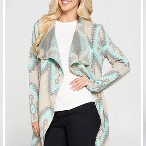 Western Print Open Front Long Sleeve Cardigan with Draped Neckline Size Medium